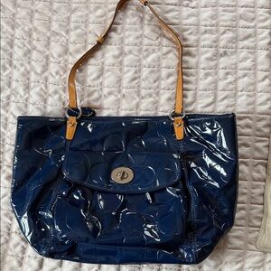 Coach Navy Patent Tote with Tan Shoulder Straps